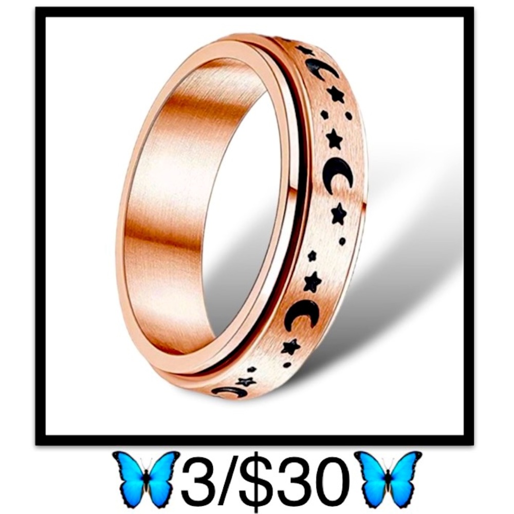 Celestial Moon & Stars Stainless Steel Rose Gold Fidget Ring, size 10
